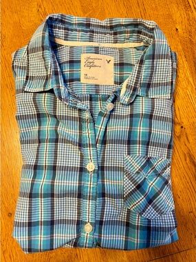 American Eagle Outfitters Teen Teal and Navy Plaid Button-Down Shirt